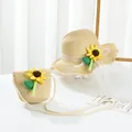 Strohhut-Set mit Mini-Umhängetasche, Sonnenblume und Spitze für Mädchen im Sommer - Kindergröße / Beige - Eine Große Sonnenblume