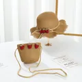 Detail of girls straw hat and matching crossbody bag set with red strawberry accents - S(52cm) / Kids Hat / Khaki