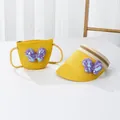 Visière de soleil en paille jaune et mini sac assorti avec des nœuds à paillettes mauves - Papillon Jaune À Paillettes Violettes
