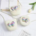 Mini straw crossbody bags for girls with colorful sequined butterflies and rope straps - Small Bag / Creamy White (Sequin Butterfly Series)