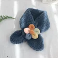 Navy blue plush winter scarf for kids with a colorful floral decoration - 75*10cm / Navy Blue