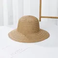 Women's straw sun hat with black ribbon bow and wide brim for outdoor summer travel - Plain / Khaki