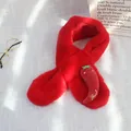 Kids red plush scarf with cute cartoon vegetable charm and soft faux rabbit fur texture - Chili Style / Bright Red Chili