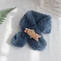 Navy blue winter plush scarf for kids featuring a cute 3D brown bear doll accessory - Koala Style (Cartoon Lamb Wool Scarf) / Navy Blue Koala