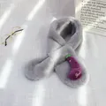 Plush grey faux fur scarf for kids featuring a cute purple eggplant cartoon decoration - Gray Eggplant