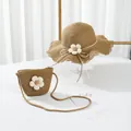 Close-up of girls' straw hat and matching floral cross-body bag for summer - S(52cm) / Kids Hat / Khaki
