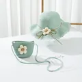 Detail of mint green straw sun hat and matching crossbody bag with 3D floral accents - S(52cm) / Kids Hat / Green