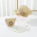 Detail of children's straw hat and bag set with sun flower decor and scalloped edge - S(52cm) / Kids Hat / Beige