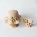 Pink girls straw sun hat and crossbody bag set with floral decorations for beach - Hat And Crossbody Bag Set / Pink