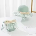 Kids mint green straw hat and purse set with white lace bows for summer beach wear - Kids (52cm Hat Only) / Green (Ruffle)