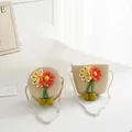 Kids mermaid straw shoulder bag with woven flowers and cherry charms for summer - Small Bag / Beige (Orange Flower Series)