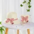 Kids straw hat and matching crossbody bag set with pink bows and handmade labels - S Kids Size / Wide Brim Hat and Bag Set / Cream