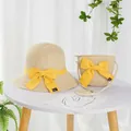Straw sun hat and matching crossbody bag set with yellow bows for girls' summer wear - S Kids Size / Wide Brim Hat and Bag Set / Beige