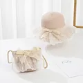 Detailed view of children's straw hat and matching crossbody bag with white lace bows - Small Bag Only (14x12cm) / Pink (Wide Style Decoration)