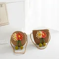 Straw woven crossbody bags for girls with colorful flower decor and braided straps - Small Bag / Khaki (Orange Flower Series)