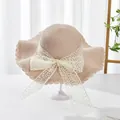 Summer wide brim straw sun hat with large lace bow and wavy edge for beach vacation - S Kids / Water Grass Flower Bow Ribbon (Ruffled Edge) / Pink