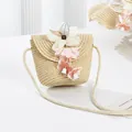 Detail of children's straw bag with 3D floral embroidery and fine shoulder strap - Butterfly Bead Flower / 15*13cm / Beige