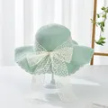Mint green straw sun hat for women with elegant white lace bow and wavy brim - S Kids / Water Grass Flower Bow Ribbon (Ruffled Edge) / Green