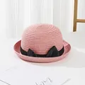 Pink straw sun hat for girls with black bow ribbon and stylish curled brim for summer - Watermelon red