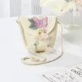 Detail of straw woven crossbody bag with pink 3D butterfly and blue leaf embroidery - Butterfly Bead Flower / 15*13cm / Cream
