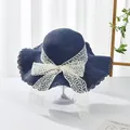 Close-up of dark blue straw sun hat with detailed white lace ribbon and floral embroidery - S Kids / Water Grass Flower Bow Ribbon (Ruffled Edge) / Navy Blue