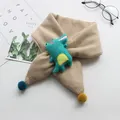 Kids warm beige knit scarf featuring cute green cartoon crocodile and colorful plush pompoms - 75*10cm / Crocodile - Khaki