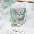 Kids light green straw crossbody bag with pink butterfly embroidery and flower tassels - Butterfly Bead Flower / 15*13cm / Green