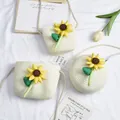 Handmade straw crossbody bag for girls featuring a 3D yellow sunflower and woven strap - Small Square Bag / Milky White - One Large Sunflower