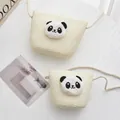 Cute panda straw woven shoulder bag for kids with zip closure and rope strap - Small Bag / Cream