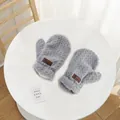 Detailansicht grauer Plüsch-Fäustlinge mit warmem Fleecefutter und Lederaufnäher mit Bär - Einheitsgröße / Grau