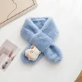 Close-up of light blue plush baby scarf featuring a cute cream cartoon bear decoration - Haze Blue