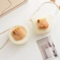Detail of children's straw crossbody bags with cute plush capybara bear character accents - Khaki Capybara - Milk White (14*12cm)
