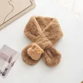 Close-up of plush khaki scarf featuring high-density faux fur texture and a cute 3D bear - Khaki