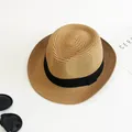Summer straw fedora hat with black ribbon for sun protection, travel style with magazine - S Kids (52cm) / Khaki