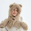 Ensemble 3-en-1 bonnet écharpe et gants ours en peluche marron pour chaleur hivernale - Ensemble Quatre Pièces (Chapeau Écharpe Masque Gants) / Kaki