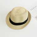 Beige fedora straw hat with black ribbon for sun protection on white background - S Kids (52cm) / Beige