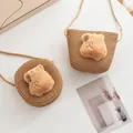 Straw-woven crossbody bags for kids featuring cute plush bear heads in a macro shot - Khaki Capybara - Khaki (14*12cm)