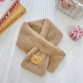 Plush faux rabbit fur scarf with cute yellow bear embroidery in a cross design - Parent-Child Set / Khaki