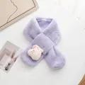 Close-up of lavender plush kids scarf with cute white animal doll and soft faux fur texture - Purple