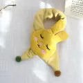 Kids warm yellow velvet scarf with cute cartoon rabbit embroidery and colorful pom-poms - 75*10cm / Rabbit - Turmeric