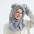Ensemble 3-en-1 bonnet écharpe et gants en peluche avec oreilles d'ours en gris - Deux en Un (Chapeau Écharpe Intégré) / Gris
