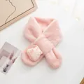 Close-up of pink plush scarf for kids with a cute cartoon cat decoration and cross-tuck - Pink