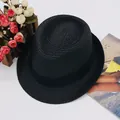 Close-up of black straw fedora hat featuring a matching wide ribbon and woven texture - S Kids (52cm) / Black