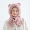 Ensemble écharpe à capuche rose en peluche avec oreilles d'ours et motif texturé doux - Deux en Un (Chapeau Écharpe Intégré) / Rose