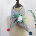 Kids warm gray striped knit scarf with cute green cartoon crocodile and plush pom poms - 75*10cm / Snout Crocodile - Gray White Stripe