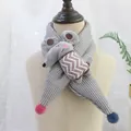 Grey striped kids scarf with cute mouse doll and colorful pompons for winter warmth - 75*10cm / Mouse - Gray White Stripe