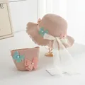 Pink girls sun straw hat and matching bag set with butterfly lace and pearl accents - Kids Style (Size 52) / Pink