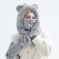 Ensemble 3-en-1 gris en peluche avec capuche oreilles d'ours, écharpe et gants d'hiver - Ensemble Quatre Pièces (Chapeau Écharpe Masque Gants) / Gris