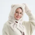 Ensemble écharpe bonnet et gants ours en peluche beige pour la chaleur hivernale - Deux en Un (Chapeau Écharpe Intégré) / Abricot