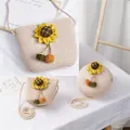 Stro mini crossbody tas voor meisjes met gele zonnebloem en geweven schouderband - Roze - Pompoen Zonnebloem
